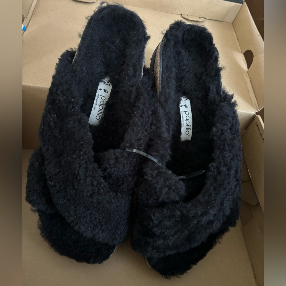 Papillio Black Fuzzy Platform Birkenstock sandals goth rave festival chunky